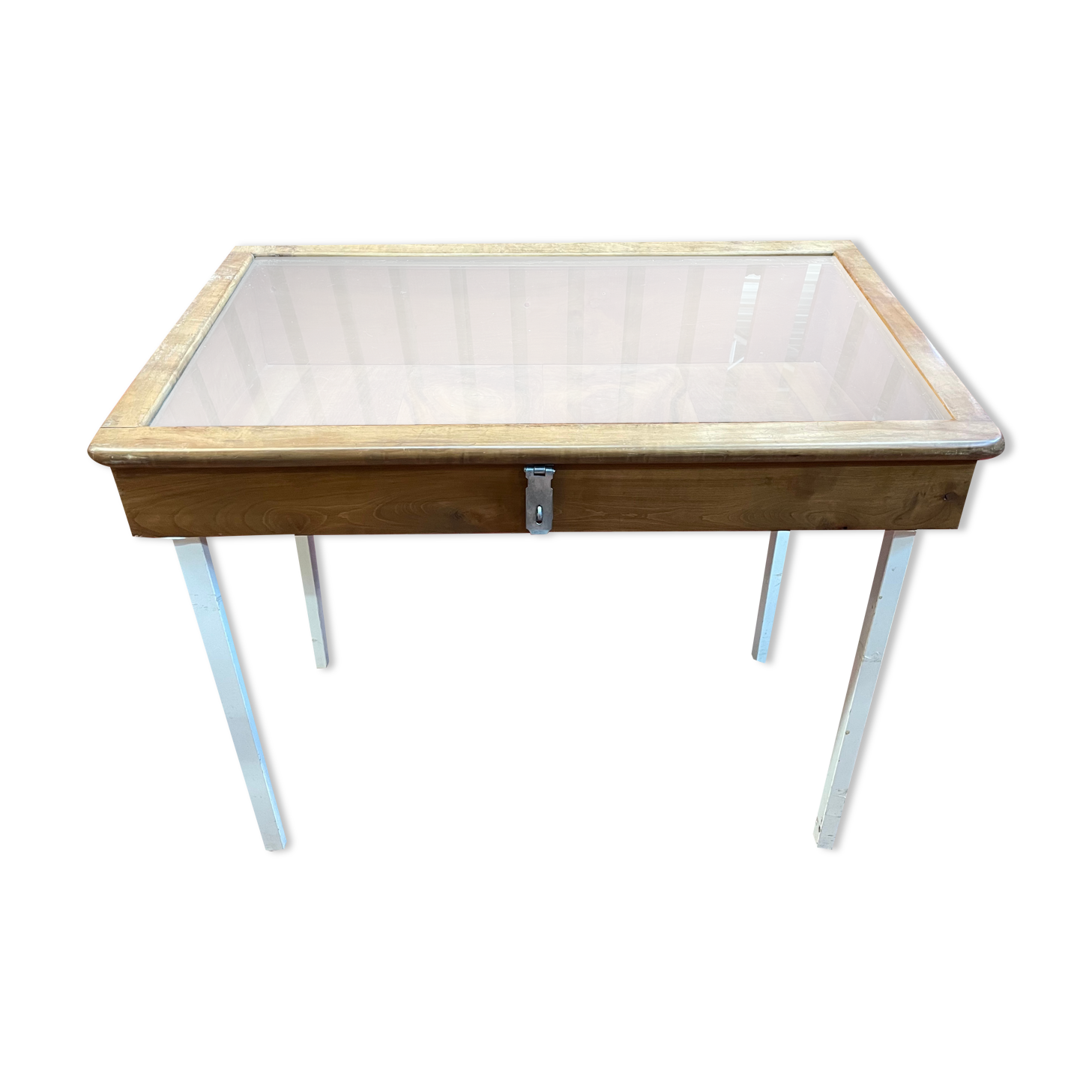 Old table showcase in walnut wood and glass, to install, store model with heavy glass