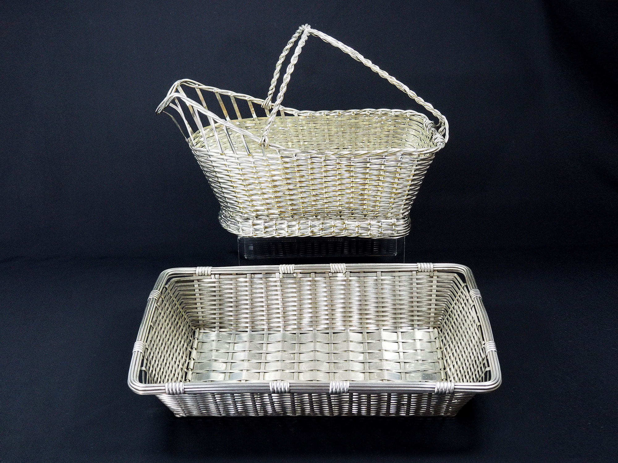 Christofle France Wine Basket Bottle Holder & Bread Basket Vannerie-Mid Century