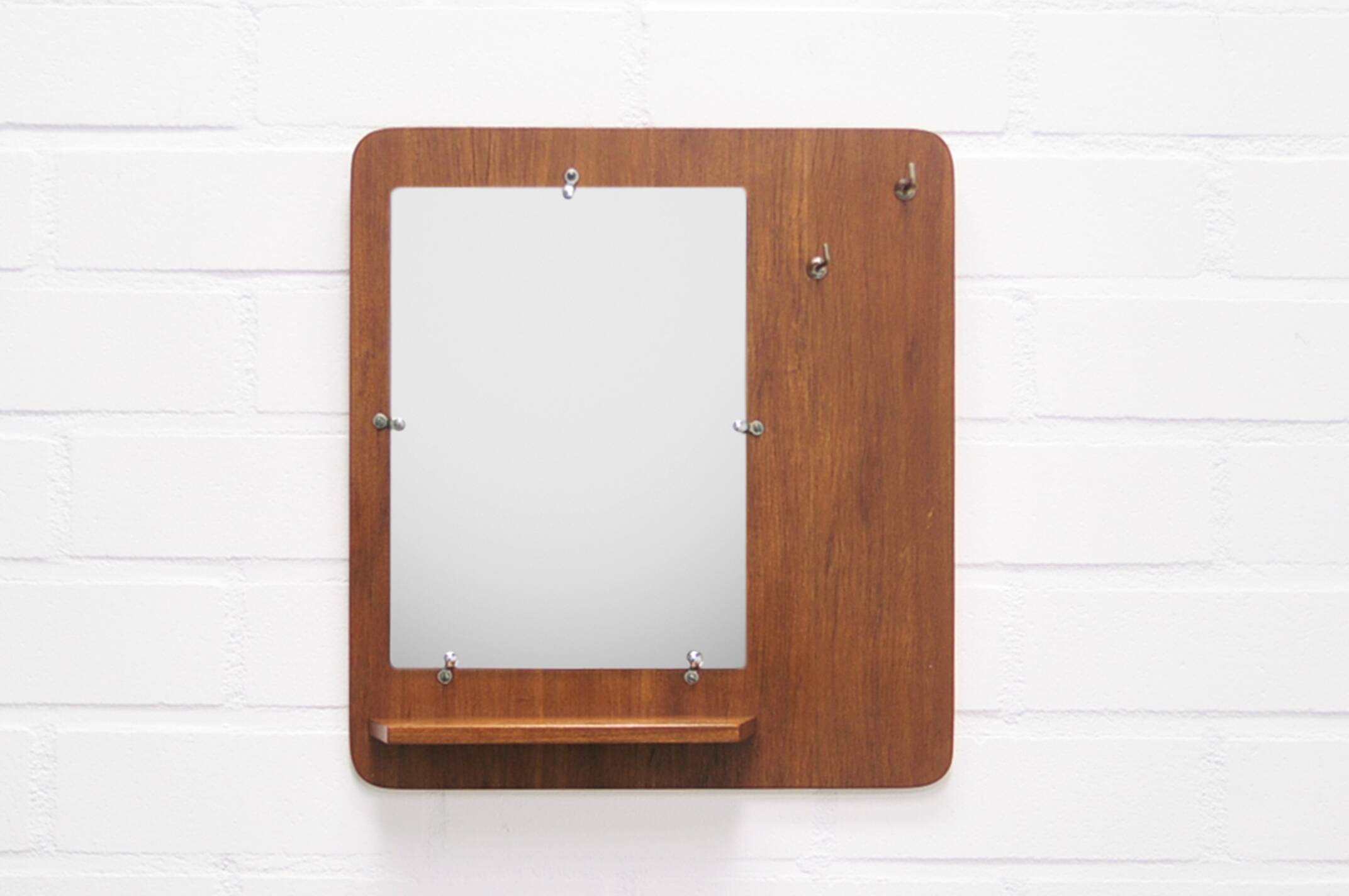 vintage teak wall mirror with hooks
