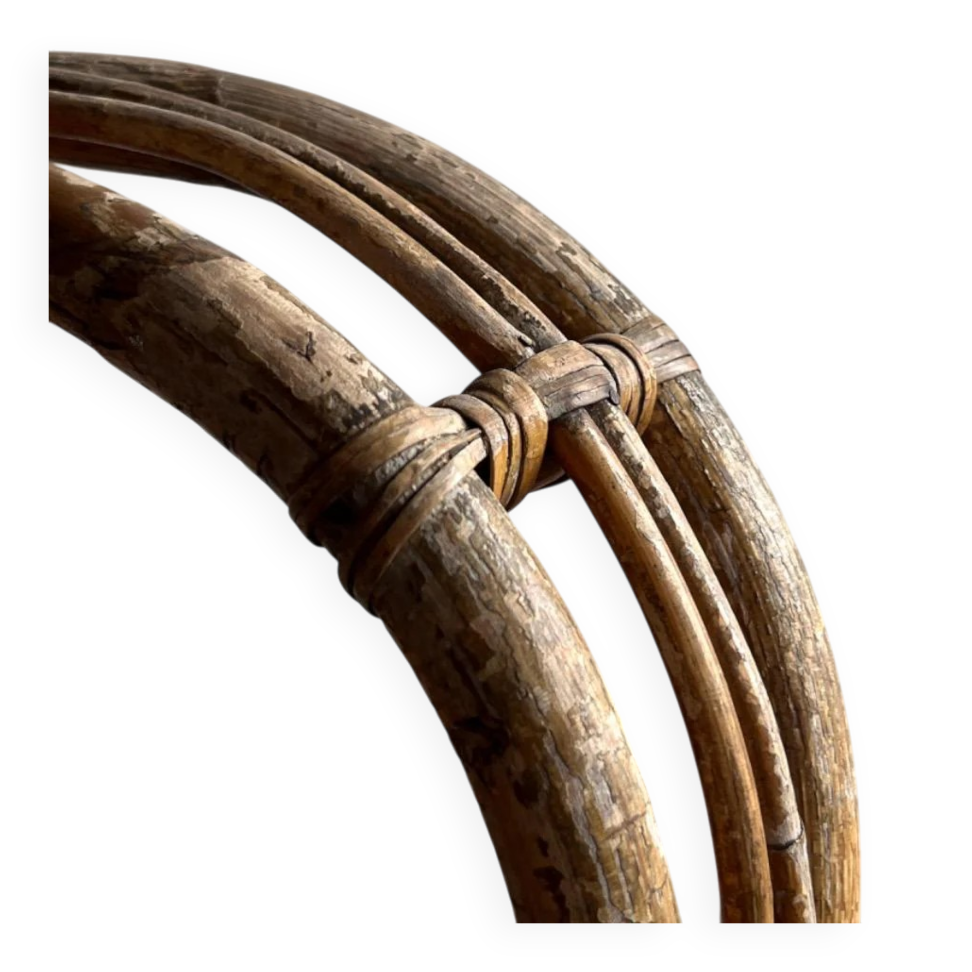 Pair of natural rattan lounge chairs with matching round table — brown mid-century boho set