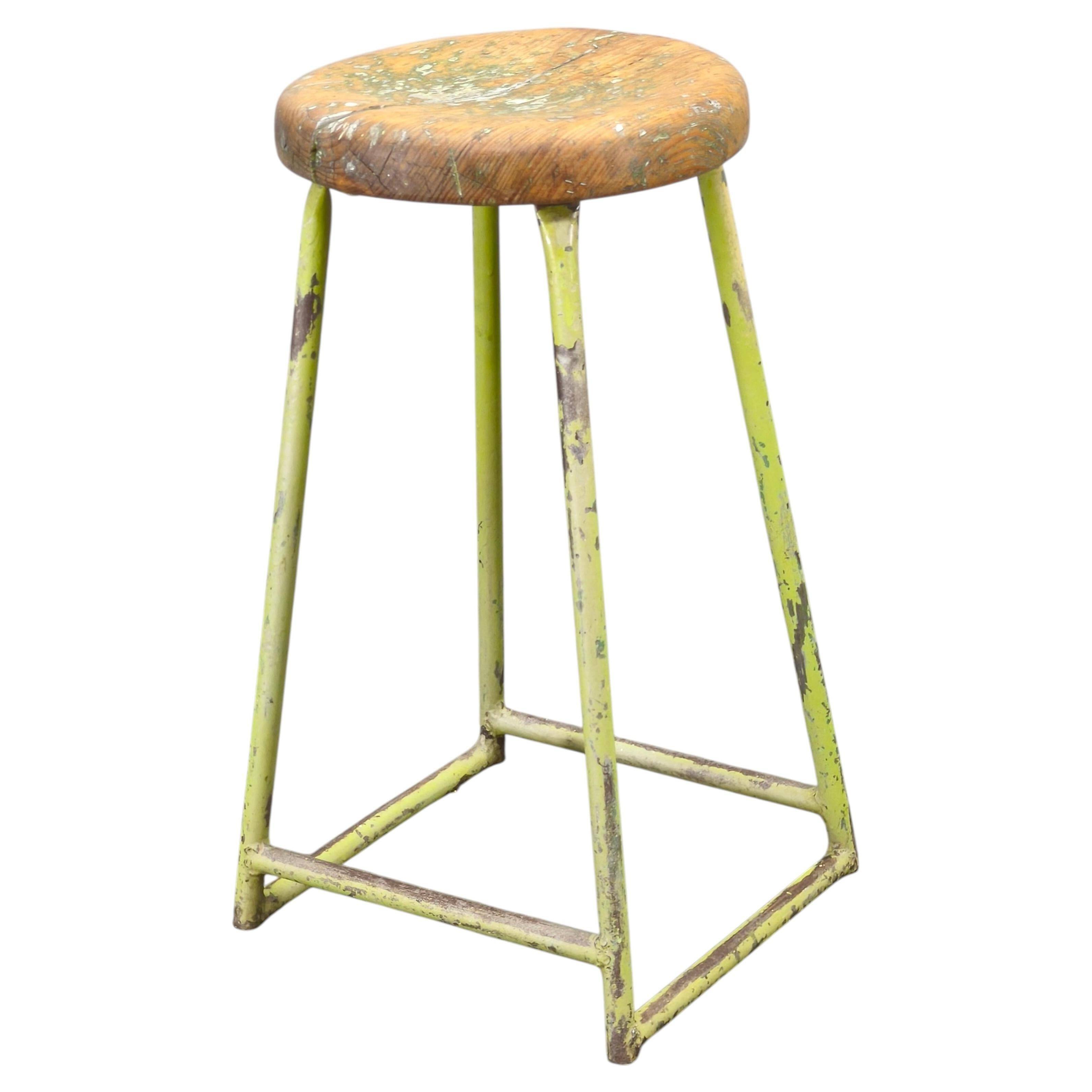 1940s Czech Industrial Stool with Pine Seat and Green Patina