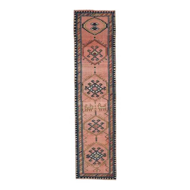 Vintage Turkish Oushak handmade wool cotton pink runner rug 81x368