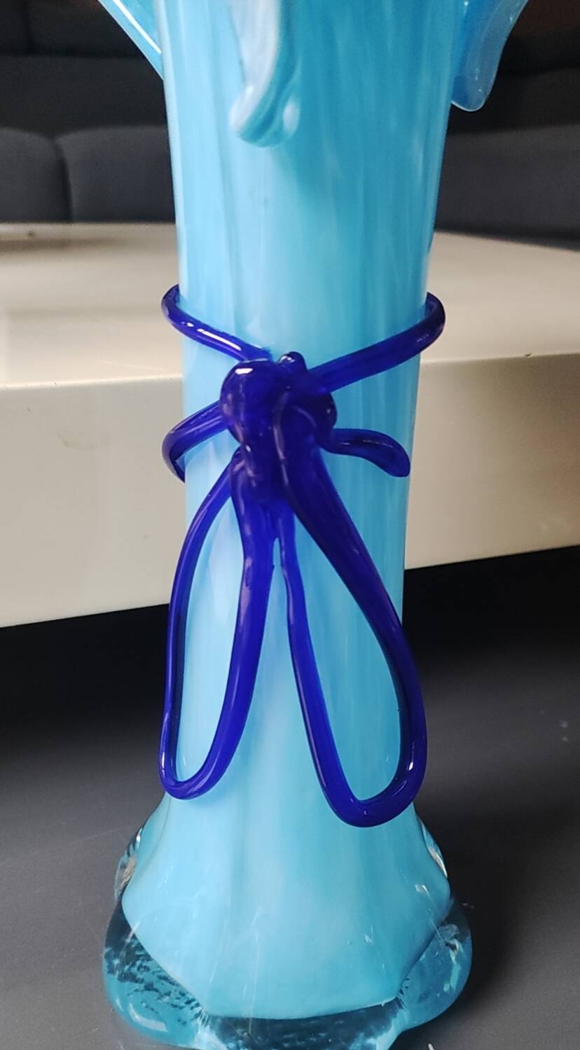 Large Murano Vase Floral Design, Opaline. Relief Ribbon Bow Decor