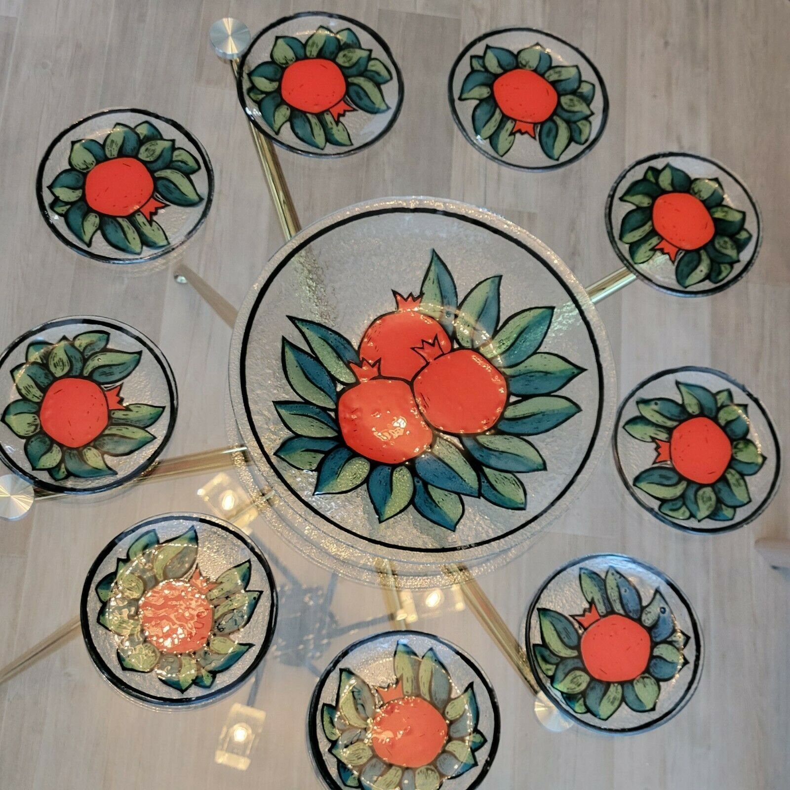 Dessert service in glass decoration fruits pomegranates signed