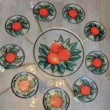Dessert service in glass decoration fruits pomegranates signed