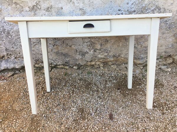 Table/bureau pieds carrés patinée beige et dessus noir