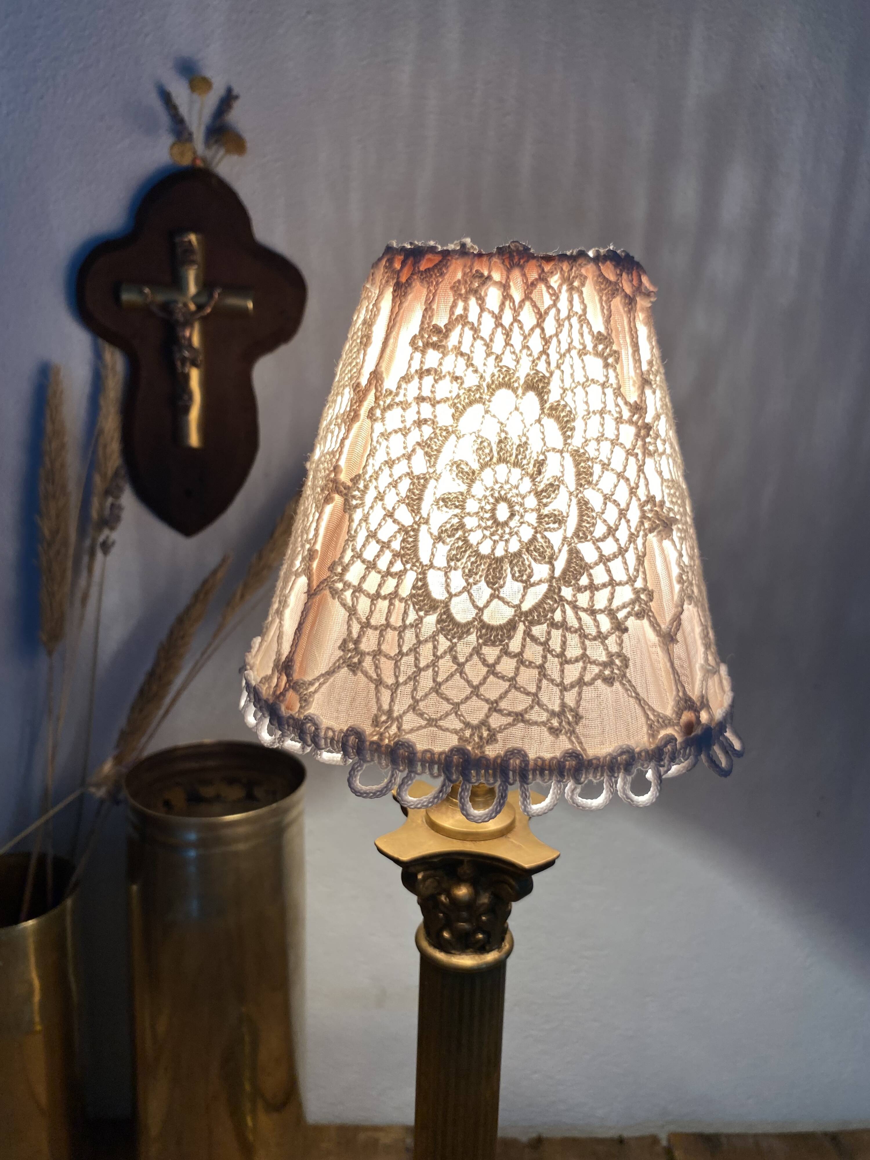 Duo of fishnet and cotton crochet lampshades, 1960s