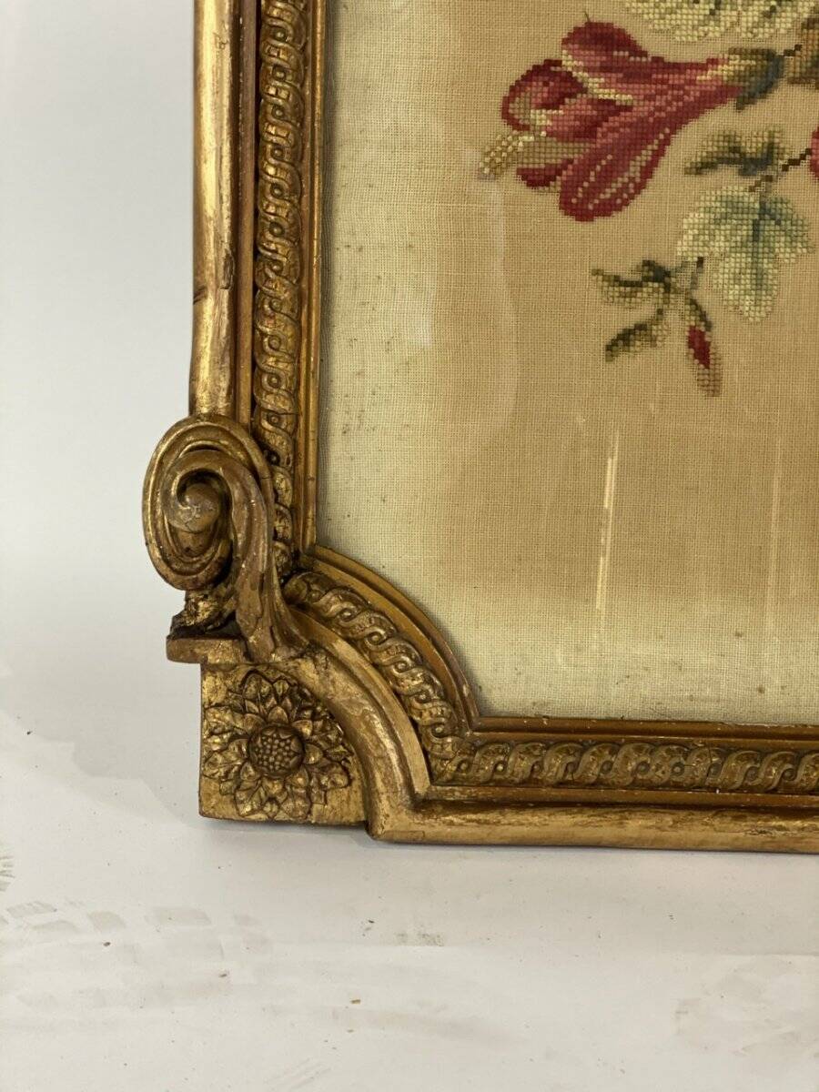 Cross-stitch tapestry in a Louis XVI style frame from around 1900.