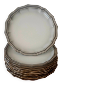 Service de 12 assiettes plates Salins France, liseré taupe