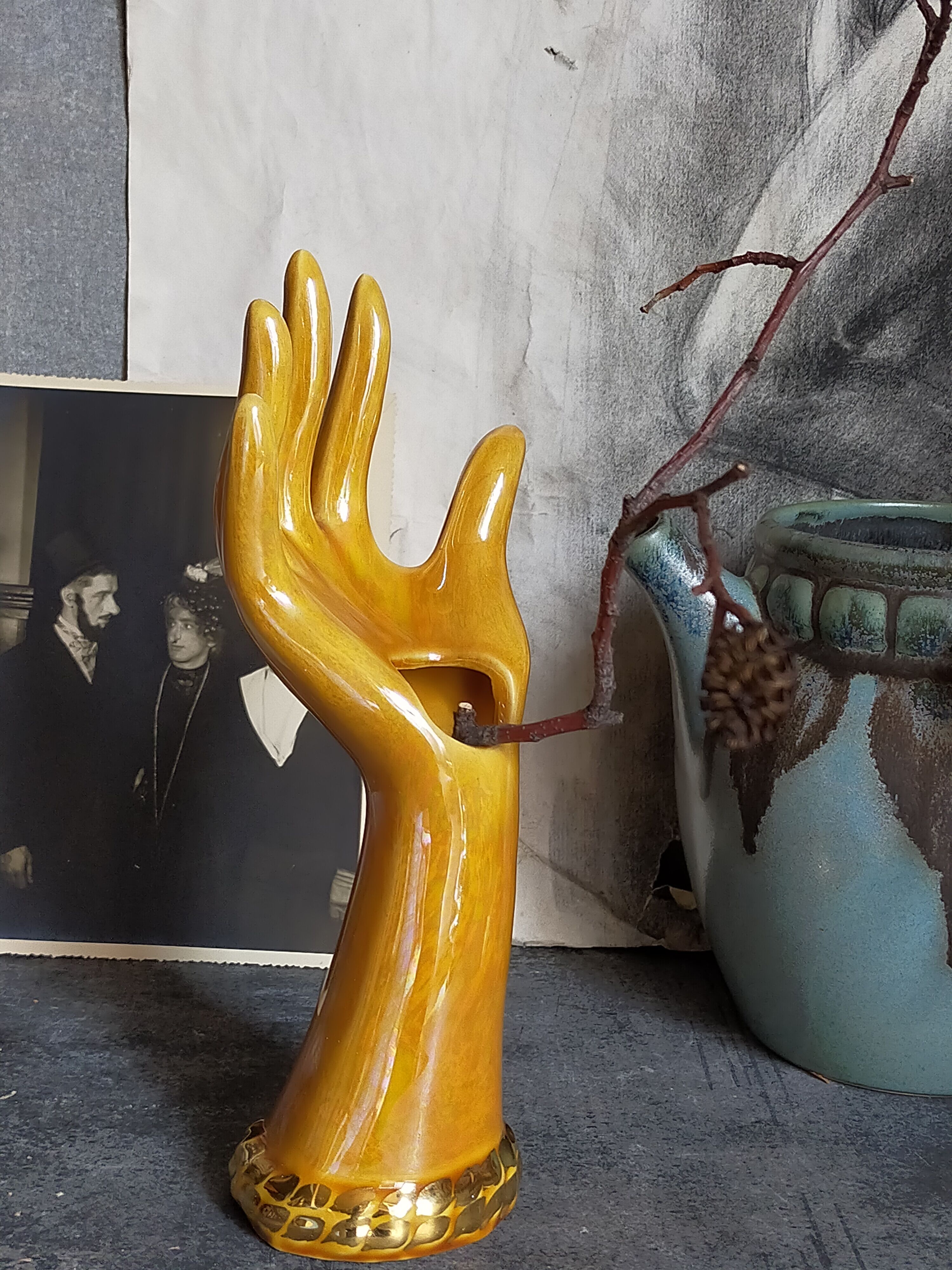 Soliflore baguier hand ceramic iridescent 50s