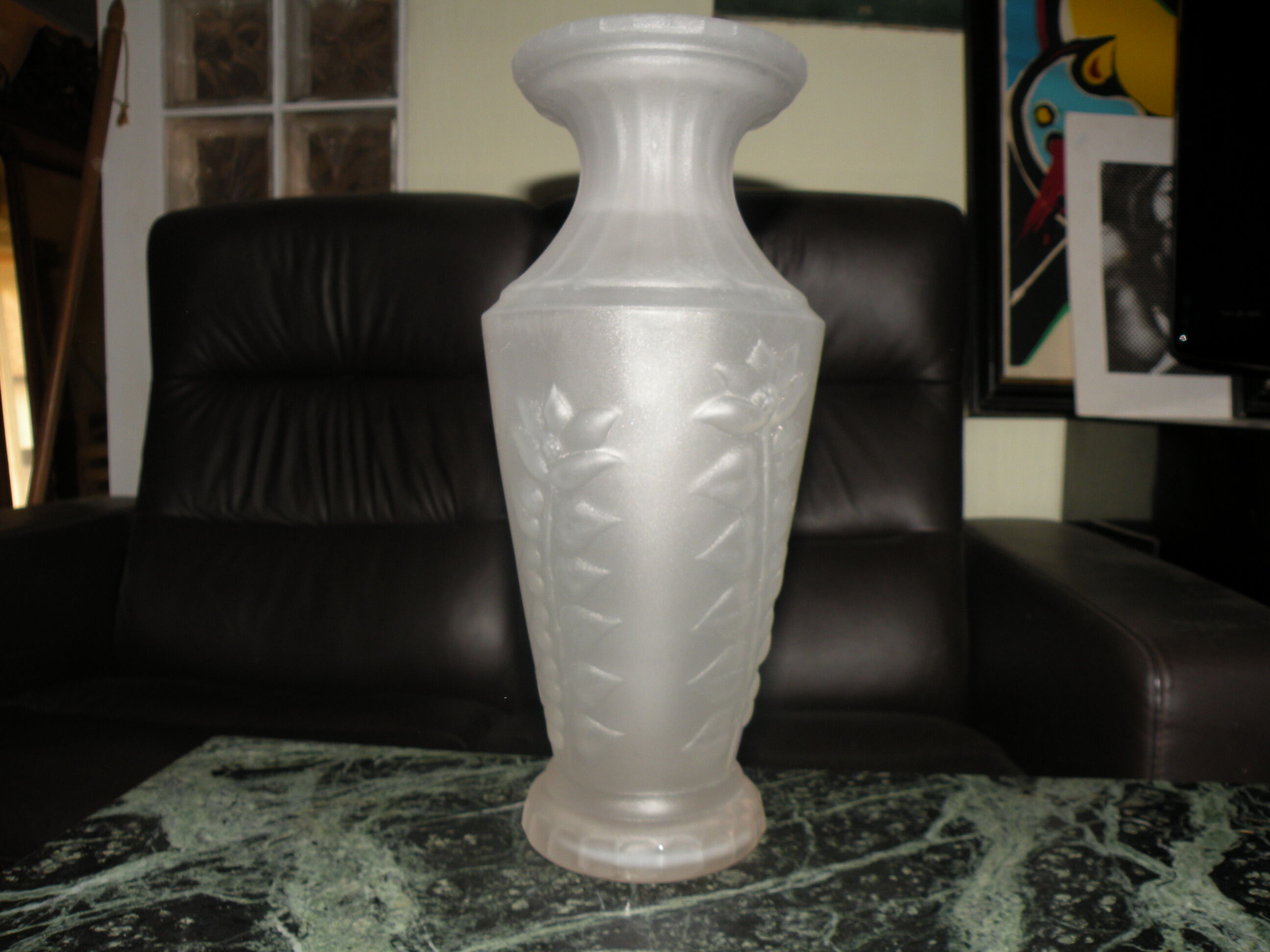 Old frosted glass vase, pressed molded flower decoration, 1940, 1950