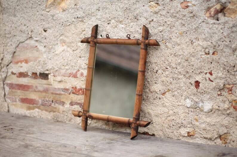 Wooden bamboo imitation mirror, antique mirror, hanging mirror, interior decor