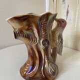 Kitsch Vase "Tree Trunk with Green Woodpecker" - Pink Iridescent Ceramic