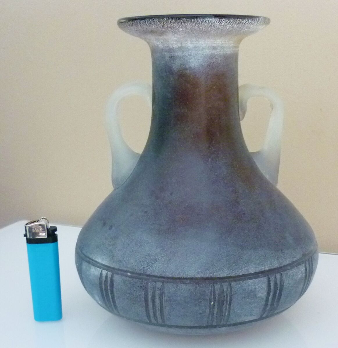 Murano scavo art blown and cut glass vase, ancient Greek style, sandblasted texture