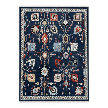 Tapis en laine noué à la main pour le salon, tapis décoratif Oushak à motif floral bleu marine.