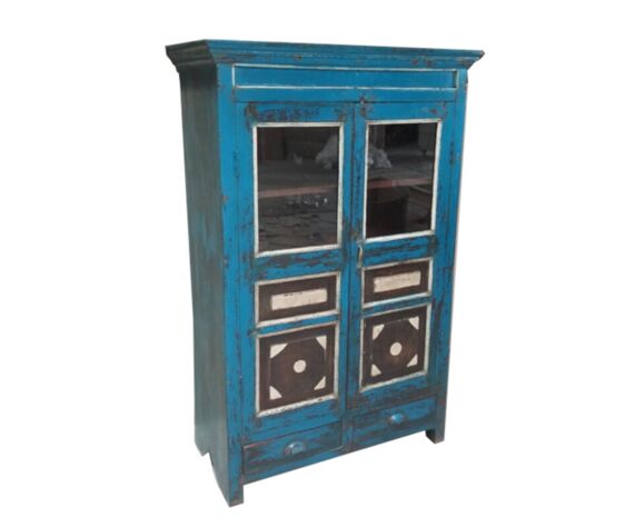 Wardrobe buffet blue cupboard glass wood old teak