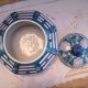 Lidded pot, Chinese ceramic urn celt decoration, blue and lilac