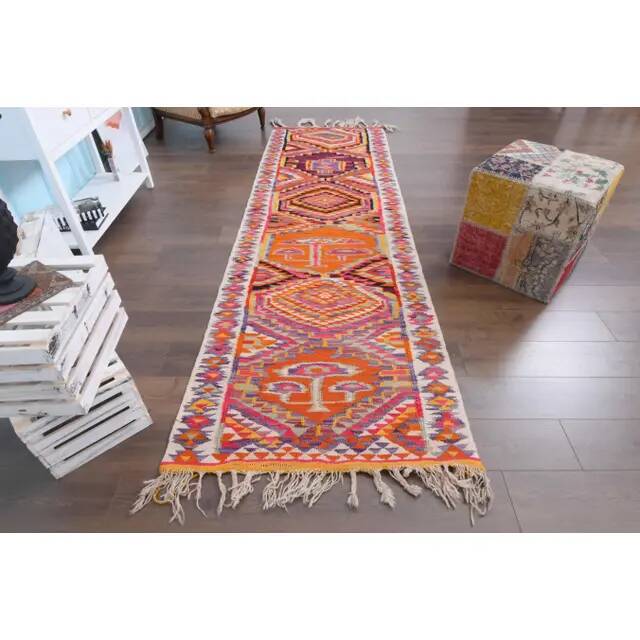 1970s Vintage Turkish Hand-Knotted Wool Cotton Orange Runner Rug 102x330