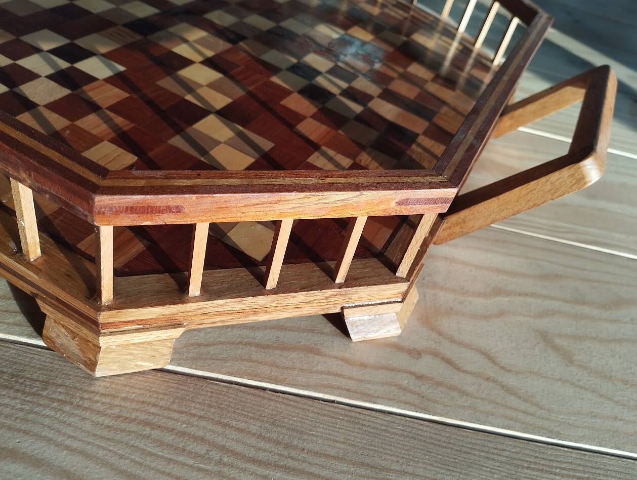 Large octagonal wooden marquetry platter