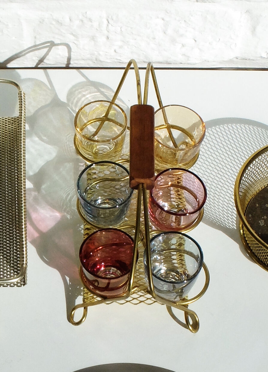 Brass liquor service and multi-color glasses Gold Display Mid-Century 1950s-60s