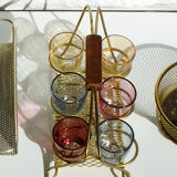 Service à liqueur laiton et verres multi-color présentoir doré Mid-Century années 1950-60