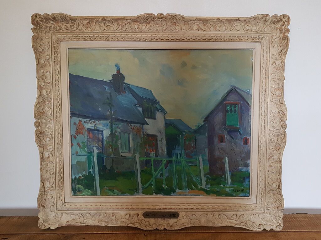 Old oil on canvas painting framed houses