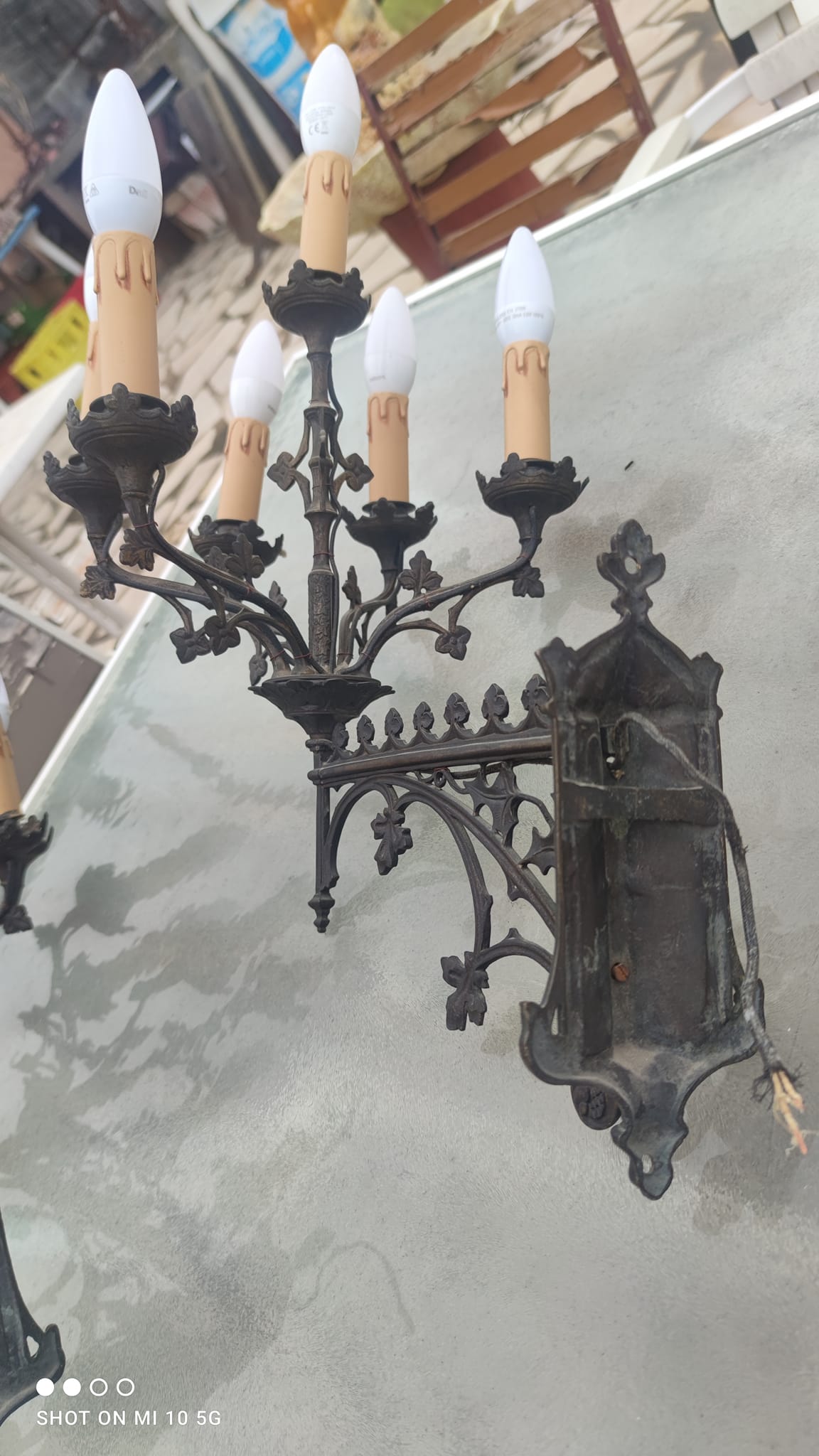 Pair of 19th-century bronze cathedral wall sconces with 5 lights