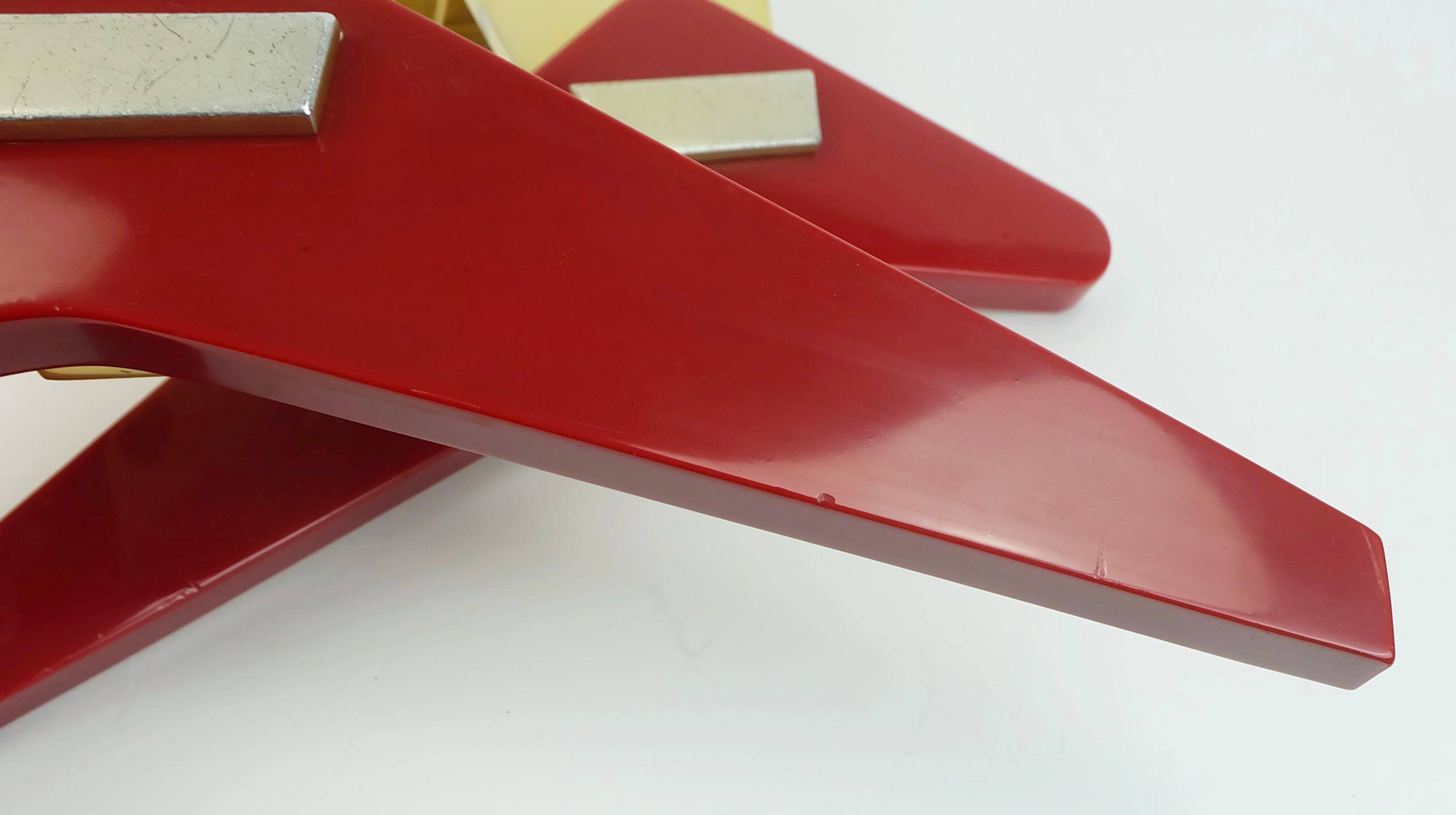 1950s streamline DOOR HANDLES push handles red bakelite and aluminum