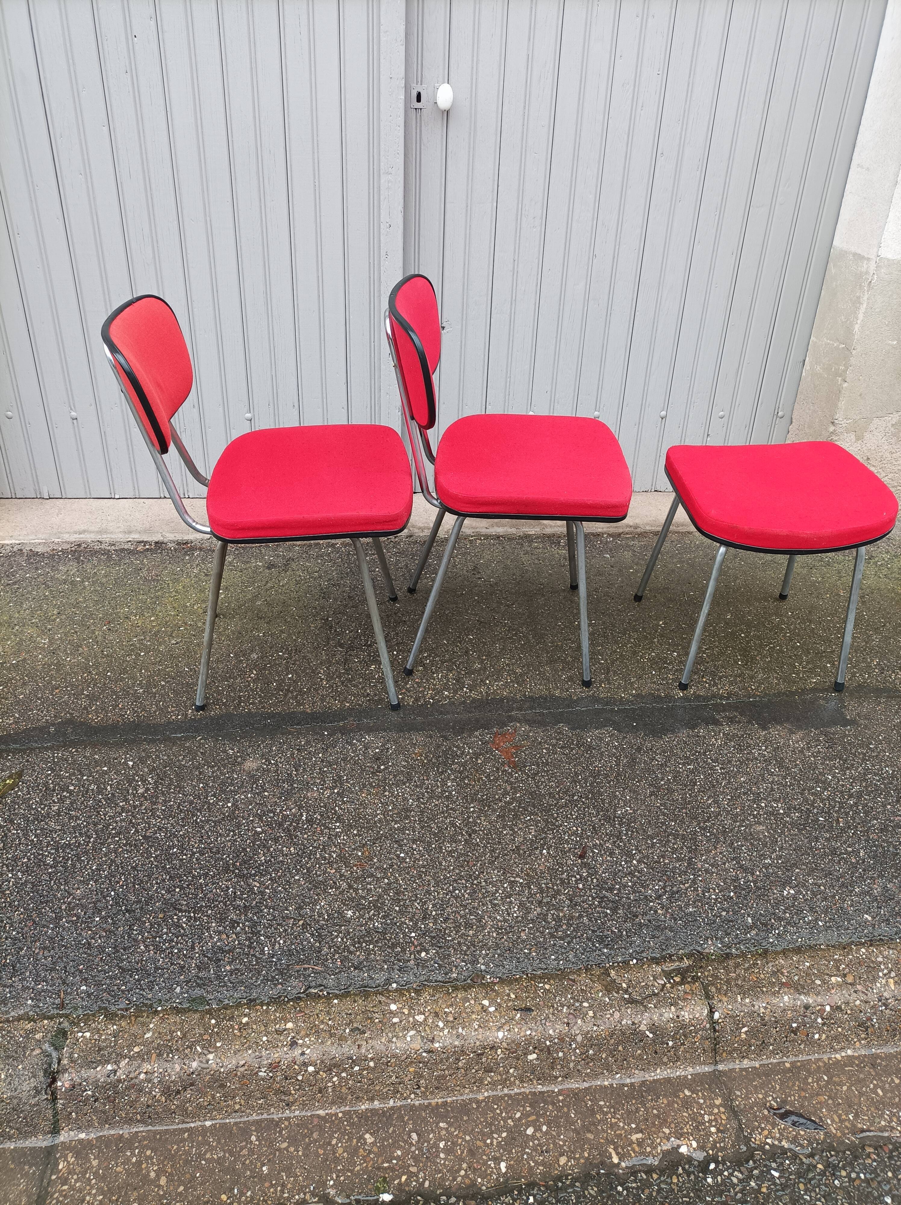 Set of 2 chairs and 1 vintage stool red fabric