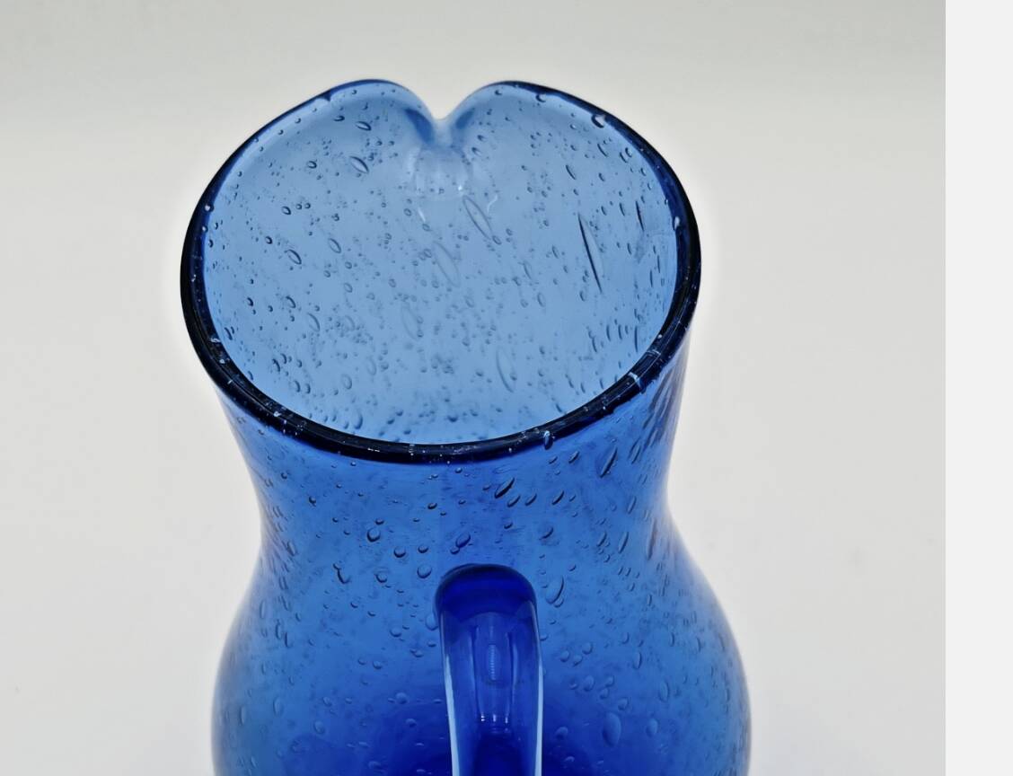 Blue bubble glass pitcher signed Biot