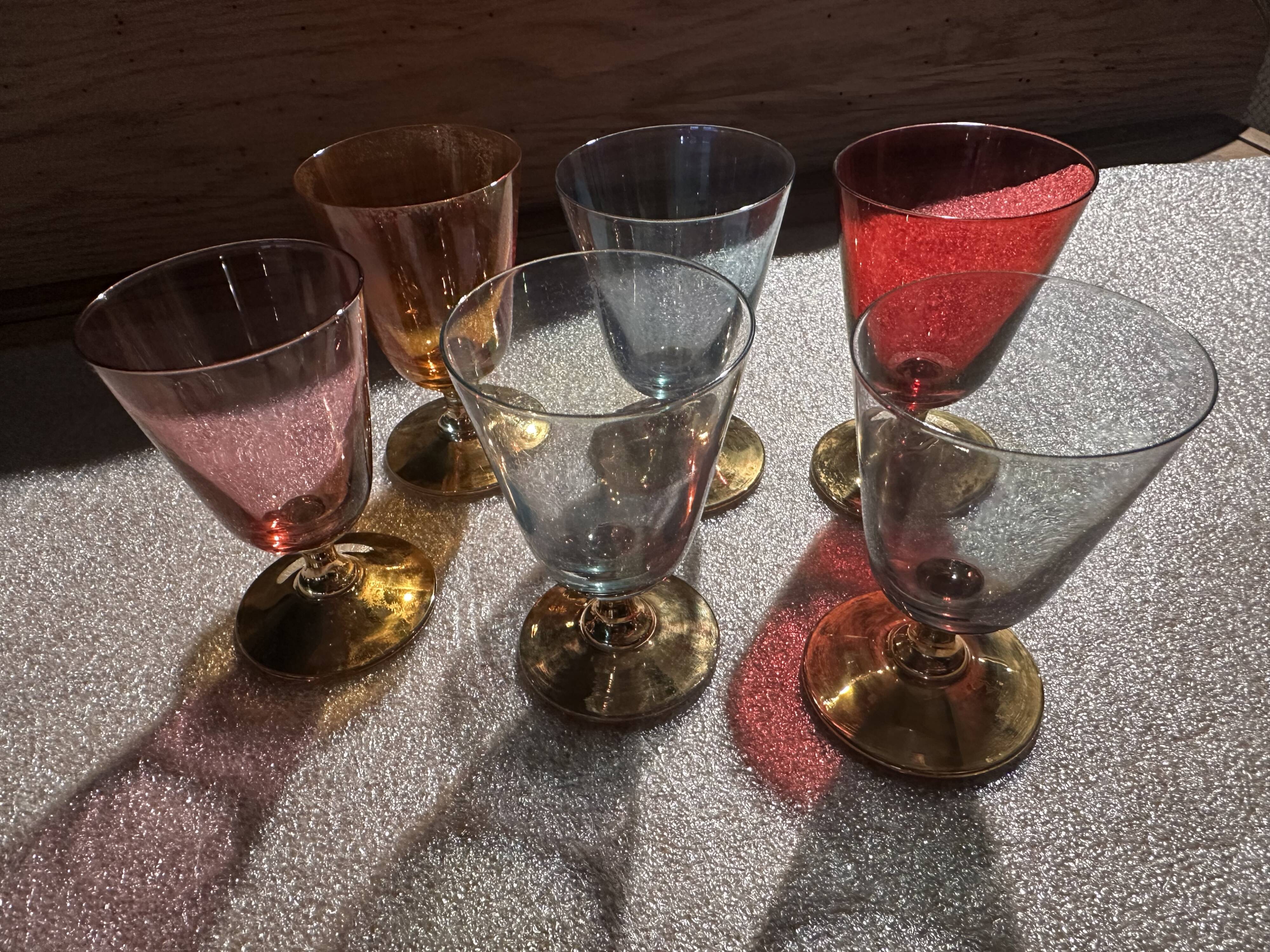 6 iridescent colored crystal liqueur glasses with gold stems / art-deco