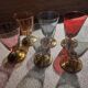 6 iridescent colored crystal liqueur glasses with gold stems / art-deco