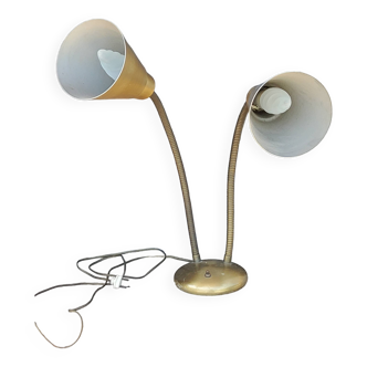 Lampe de bureau design en métal doré 2 bras flexibles des années 70
