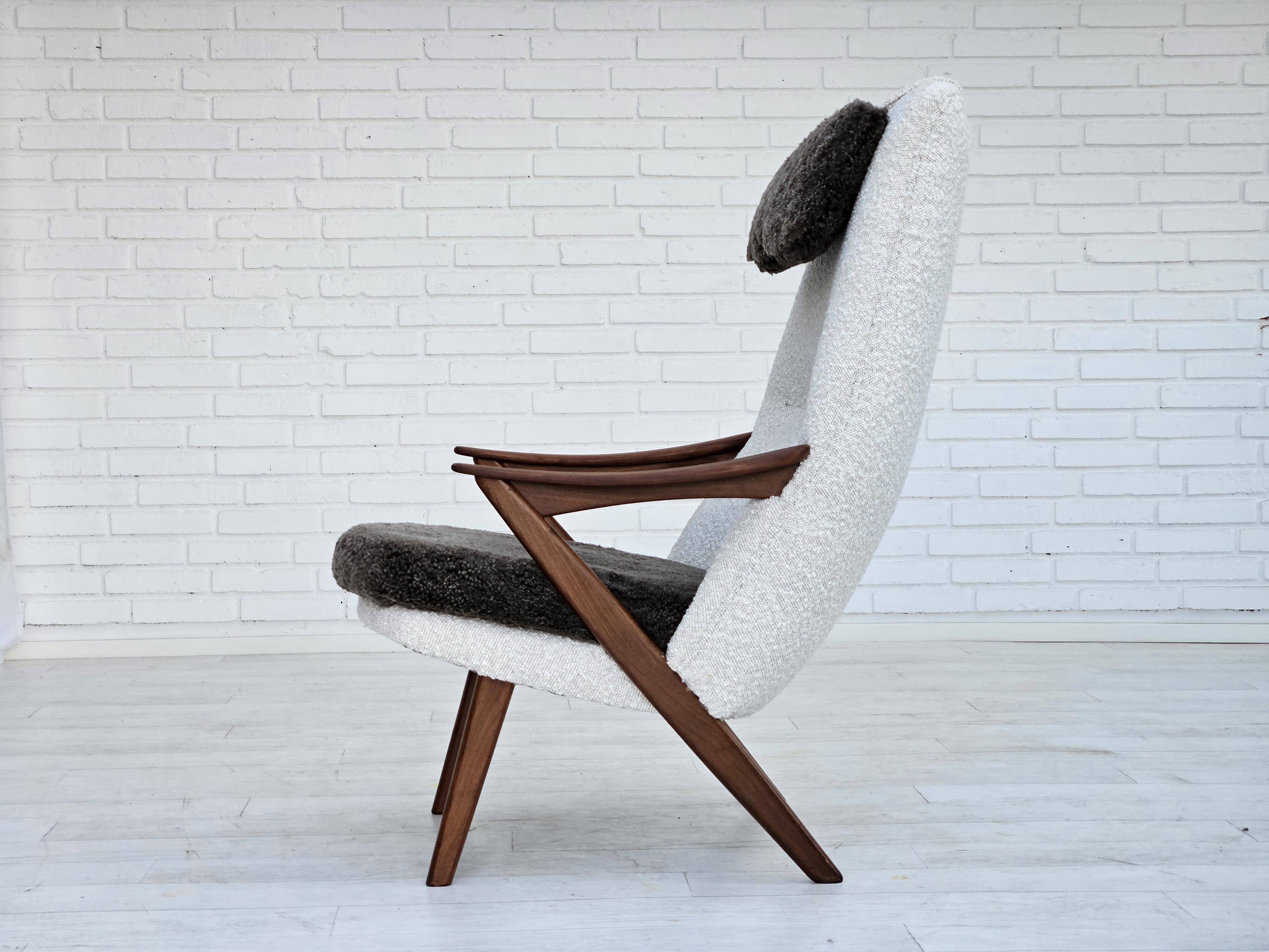 1960s, Scandinavian design, reupholstered armchair, furniture fabric, genuine sheepskin, teak.