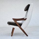 1960s, Scandinavian design, reupholstered armchair, furniture fabric, genuine sheepskin, teak.