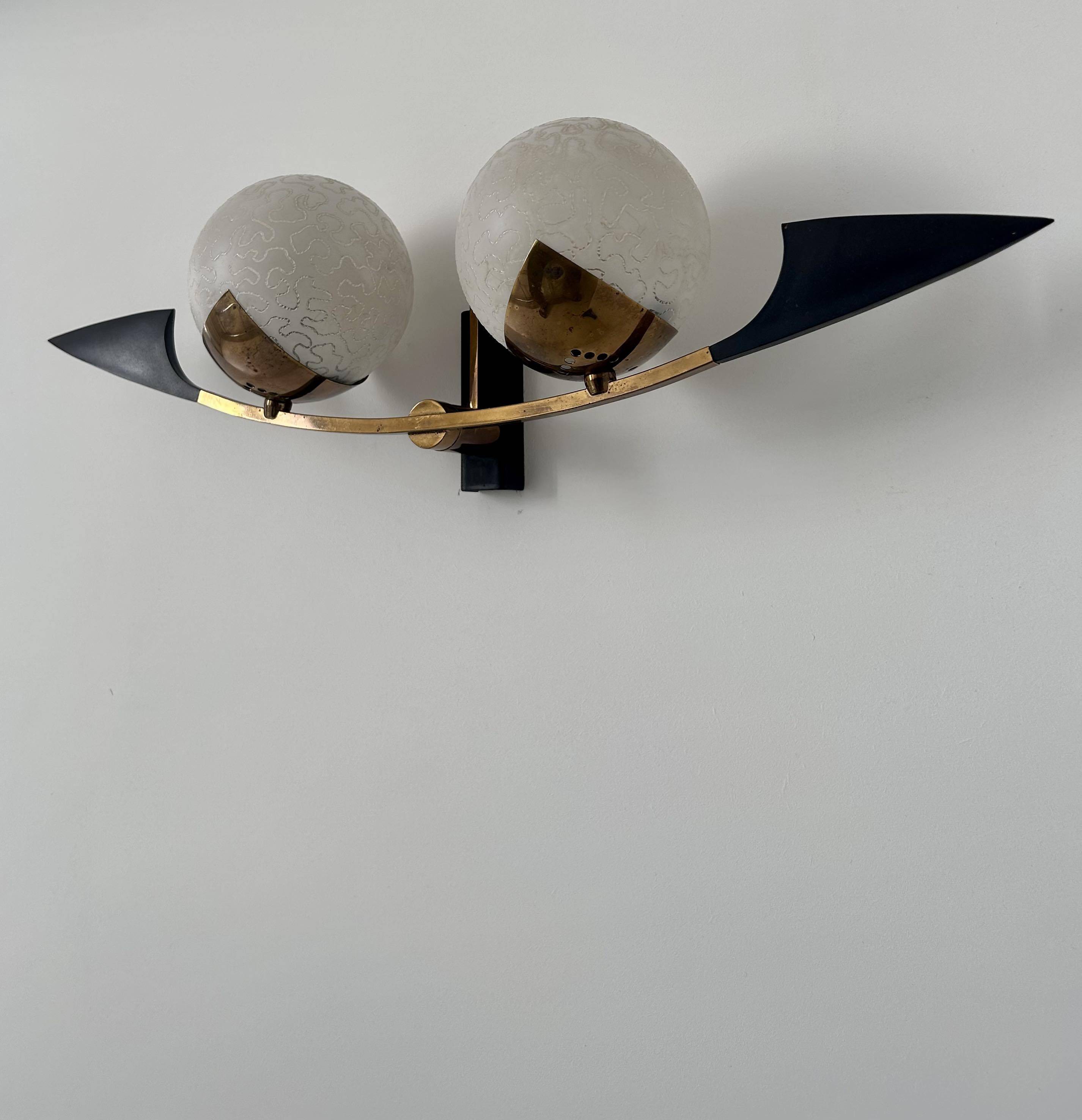 Vintage brass and opaline wall lamp, Arlus, France 1960s