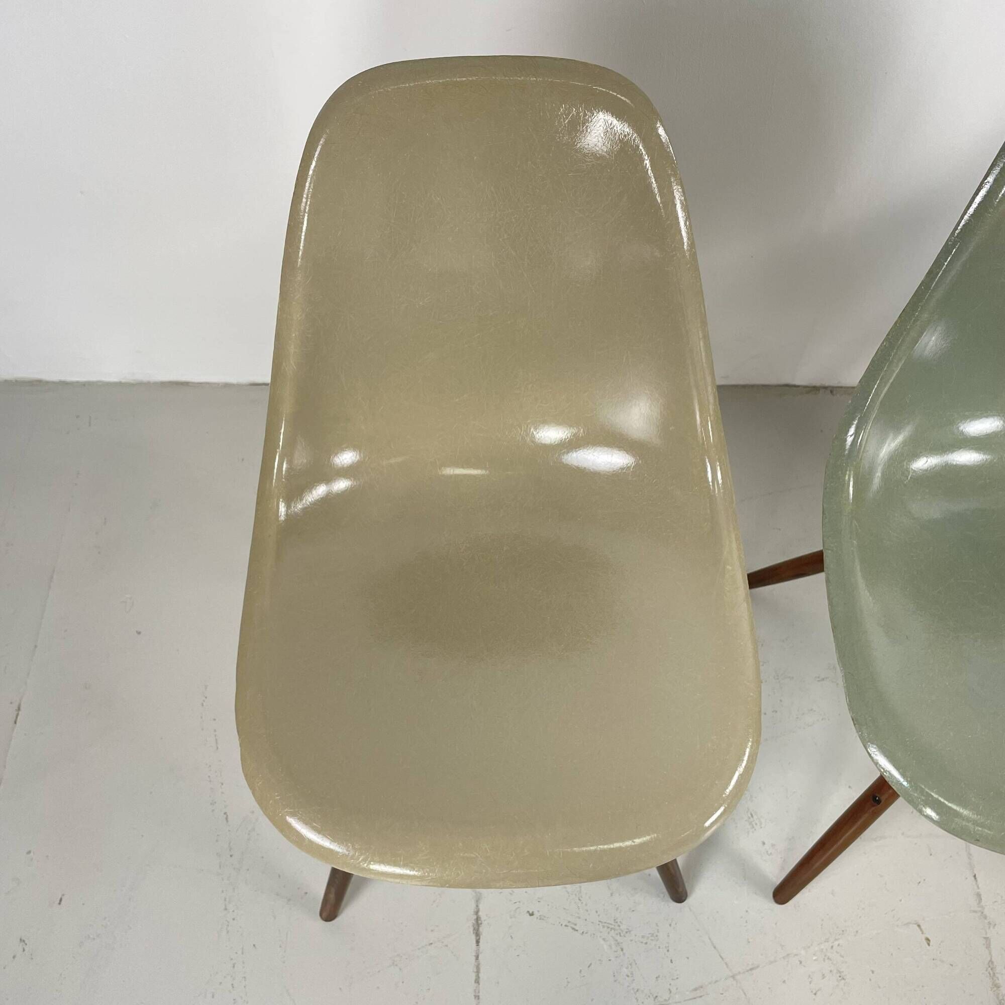 Eames Herman Miller DSW side chairs in greige, seafoam green, light ochre and parchment with slight