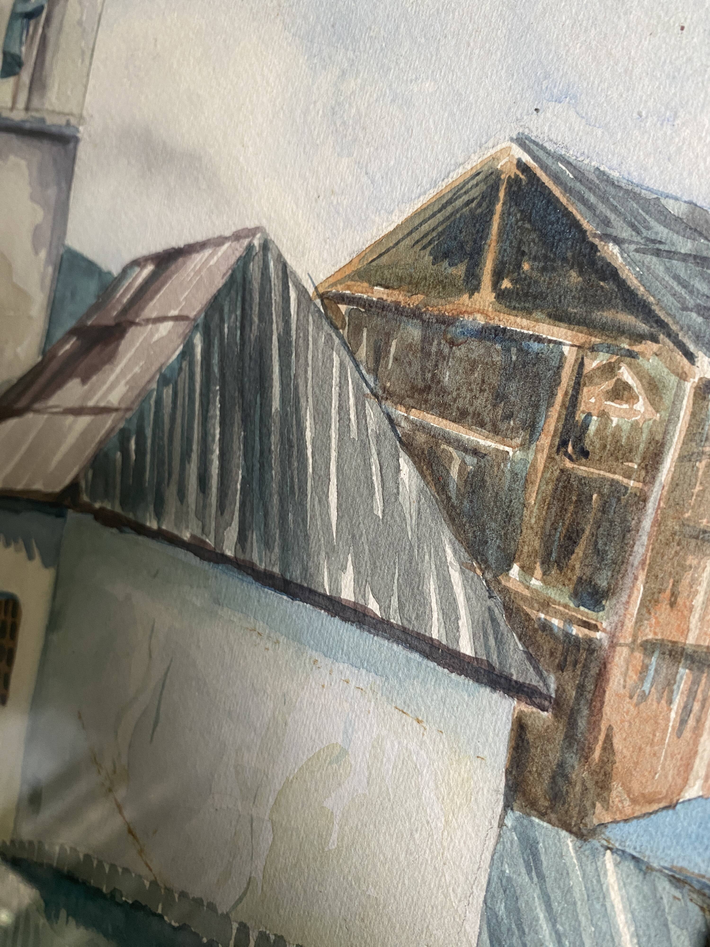 Aquarelle 1920, cadre bois sculpté argenté