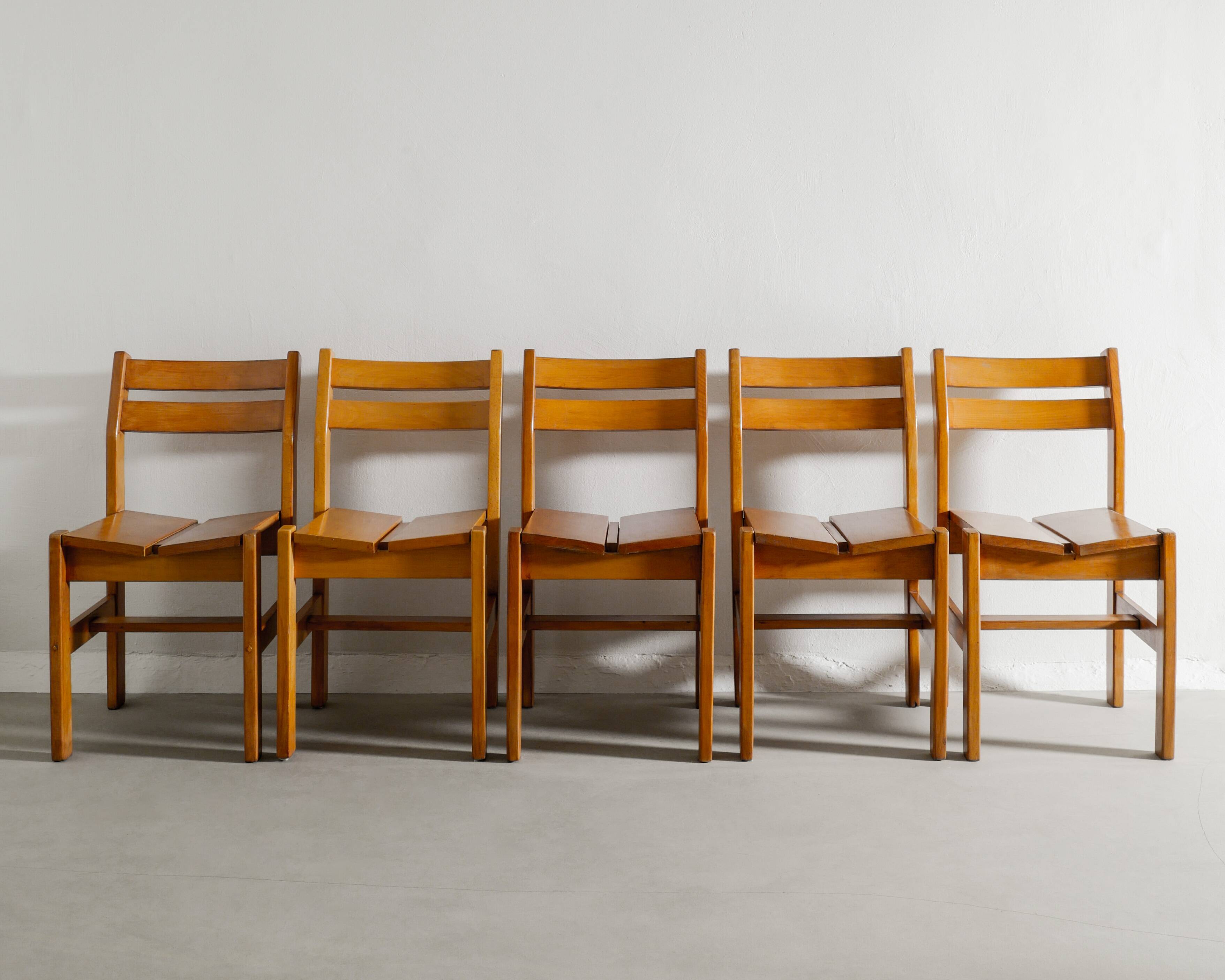 Set of 5 French Vintage Mid Century Dining Chairs in Elm, 1960s