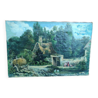 Ancienne Toile Peinture à L Huile 19 Ème Siècle Paysage Scène Paysanne