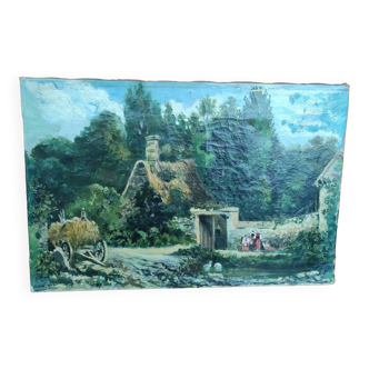 Old Canvas Oil Painting 19th Century Landscape Peasant Scene