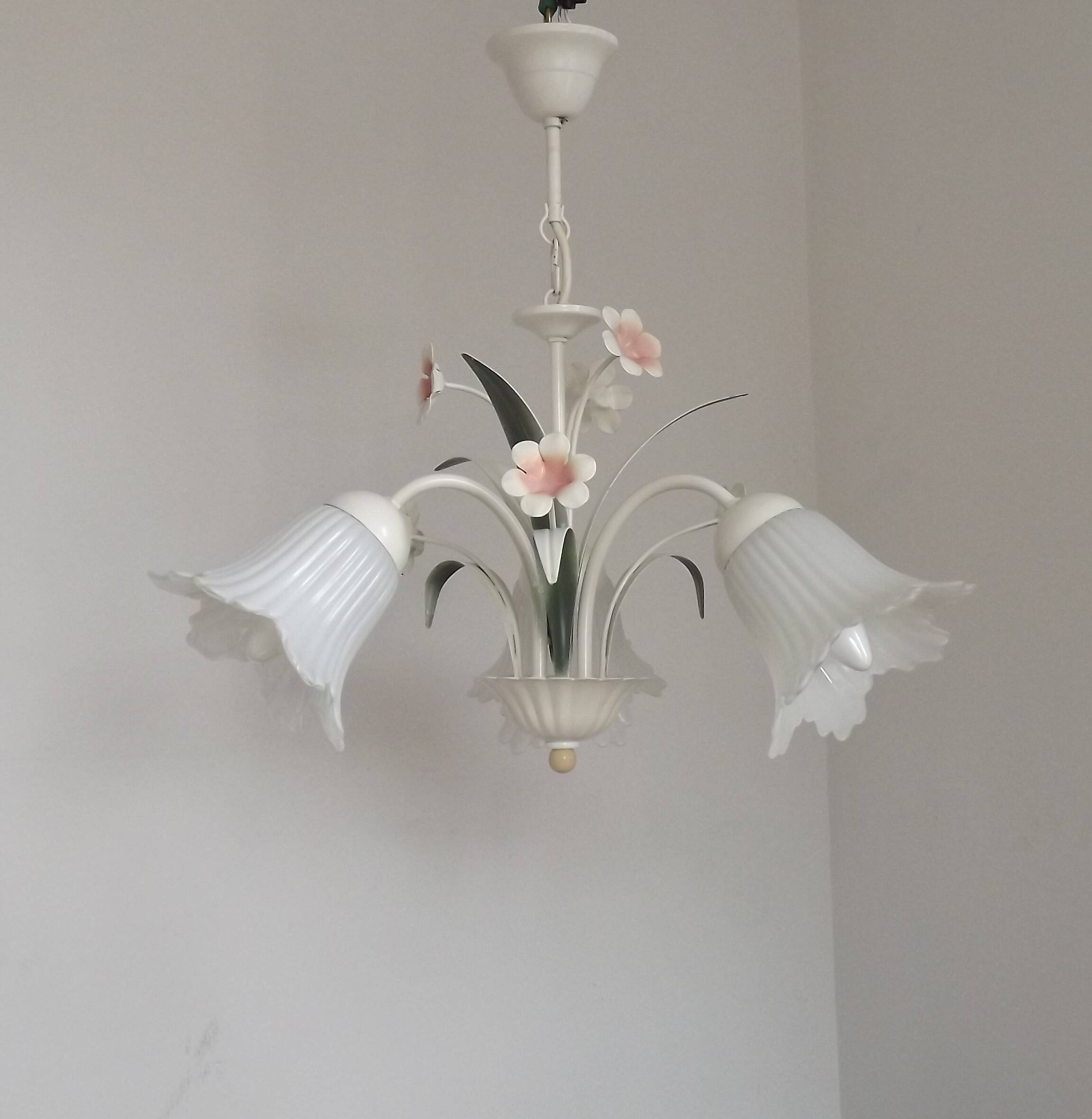 Vintage 3-light chandelier in pink and white metal and glass shaped like flowers, France.