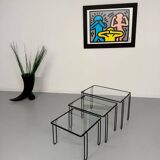 Vintage Italian design nesting coffee table in metal and glass from the 1980s