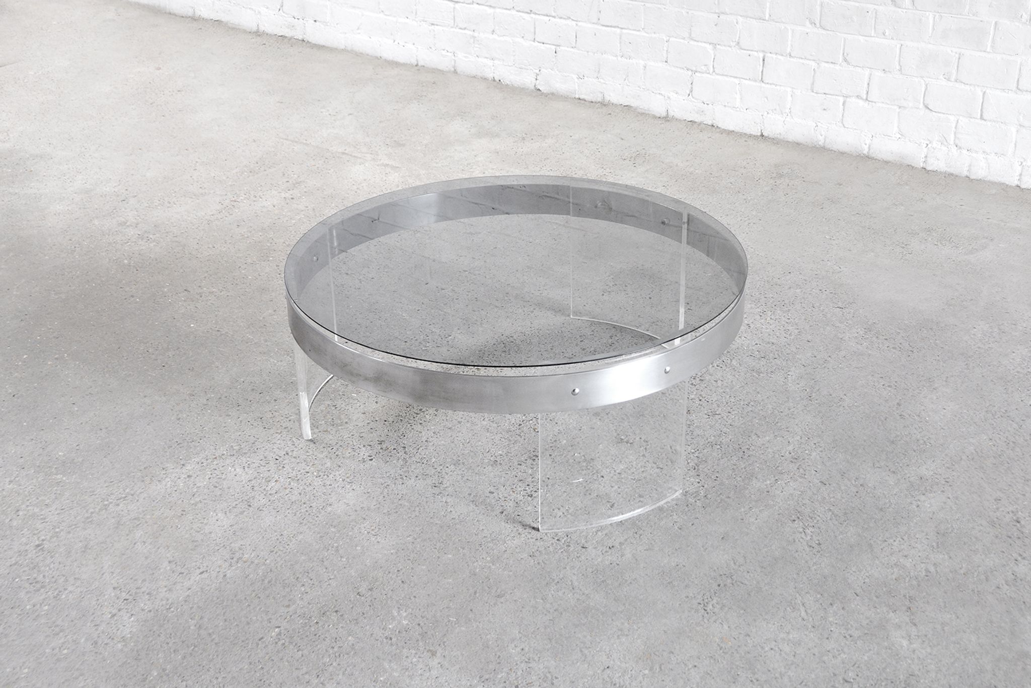 Vintage acrylic & steel glass coffee table, france 1970s
