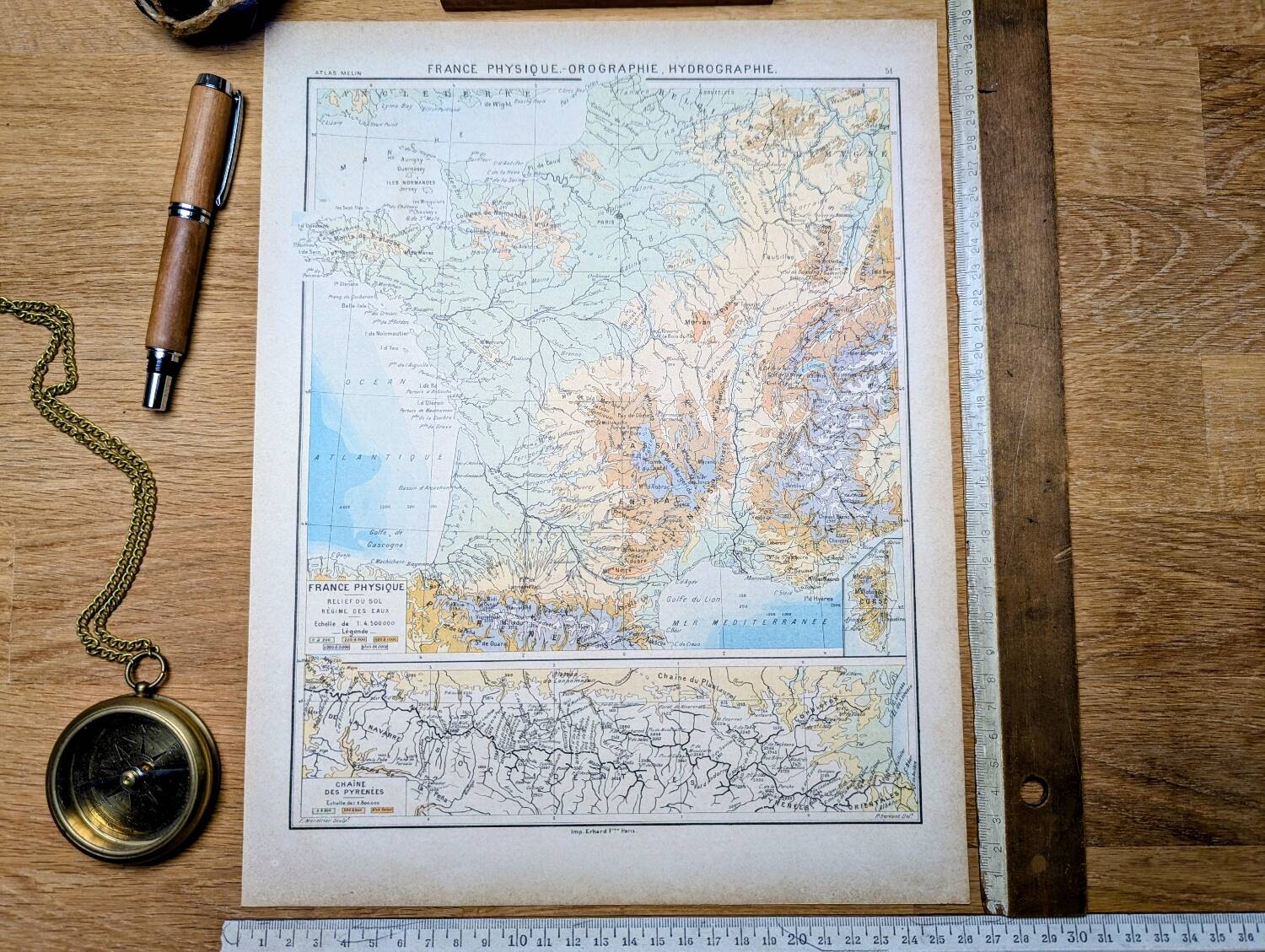 Physical map of France, original printed in 1896