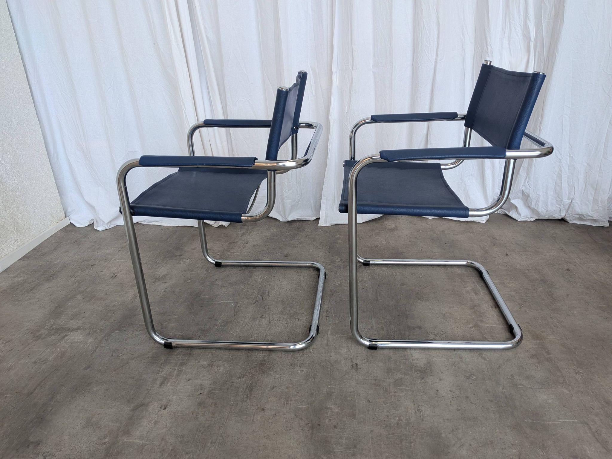 Set of 2 Vintage Mart Stam Style S34 Chair: Blue Leather, Bauhaus Design