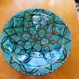 Hand-painted vintage oriental hollow dish, black patterns on a turquoise background
