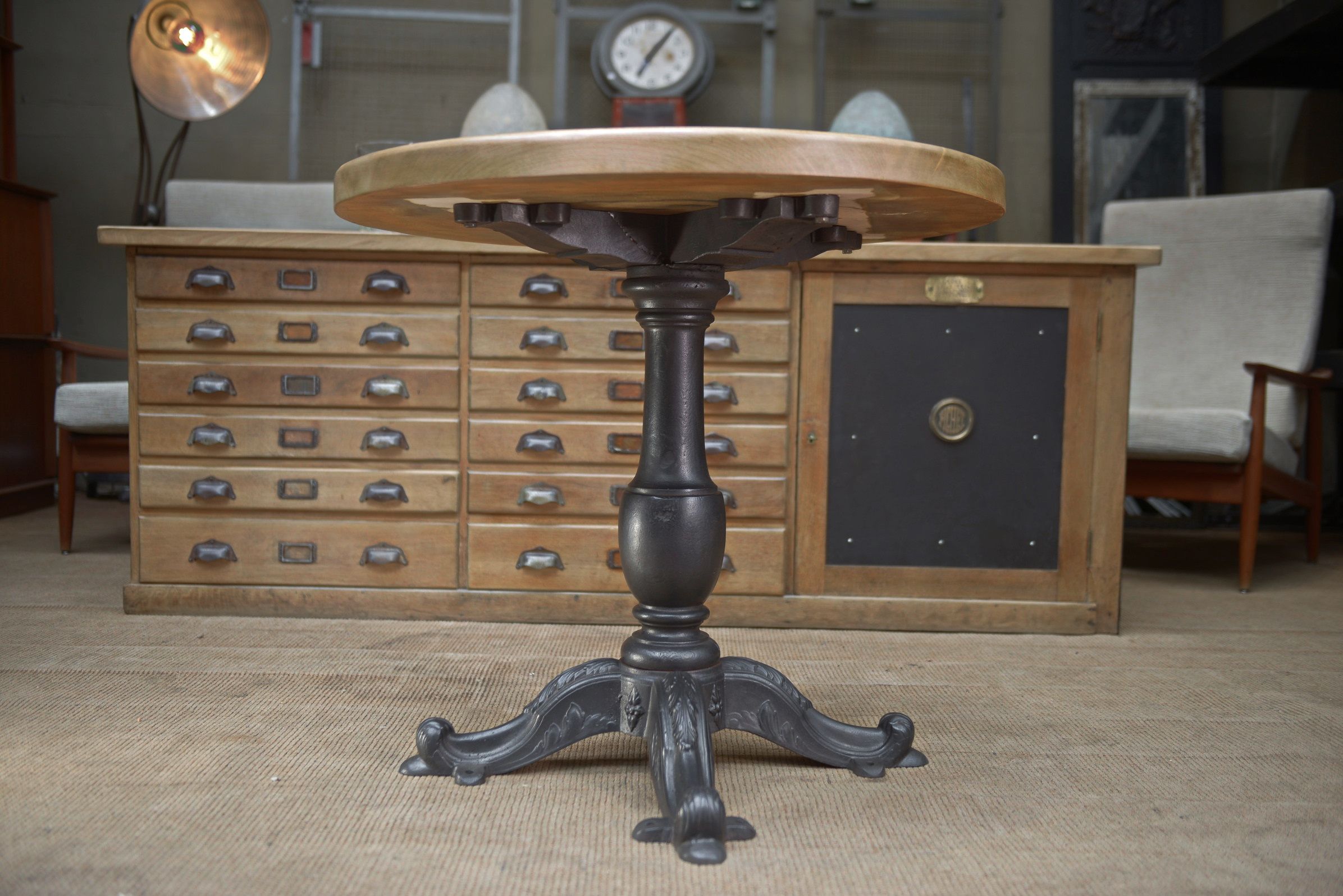 Cast iron pedestal table 1900 Round beech top