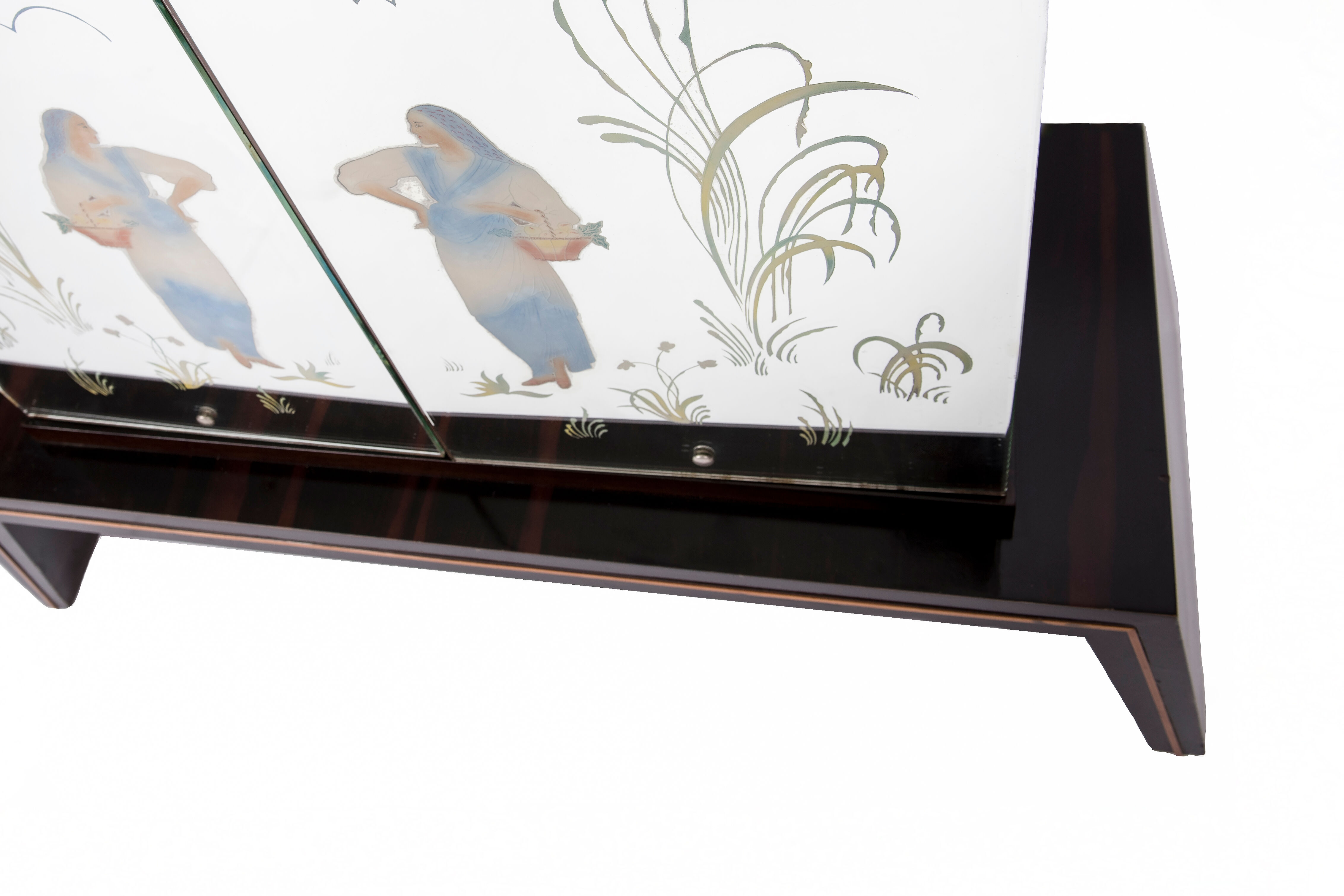 Art-deco bar furniture in macassar and acid-engraved mirror