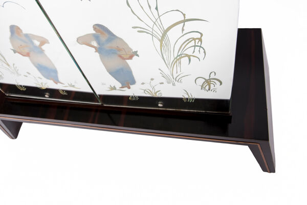 Meuble bar art-déco en macassar et miroir gravé à l'acide